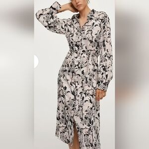 Mango Black and Cream Floral Long Sleeve Dress